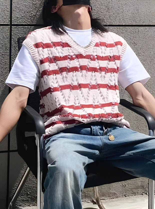 Red Striped White Hollow Vest