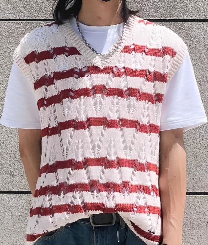 Red Striped White Hollow Vest
