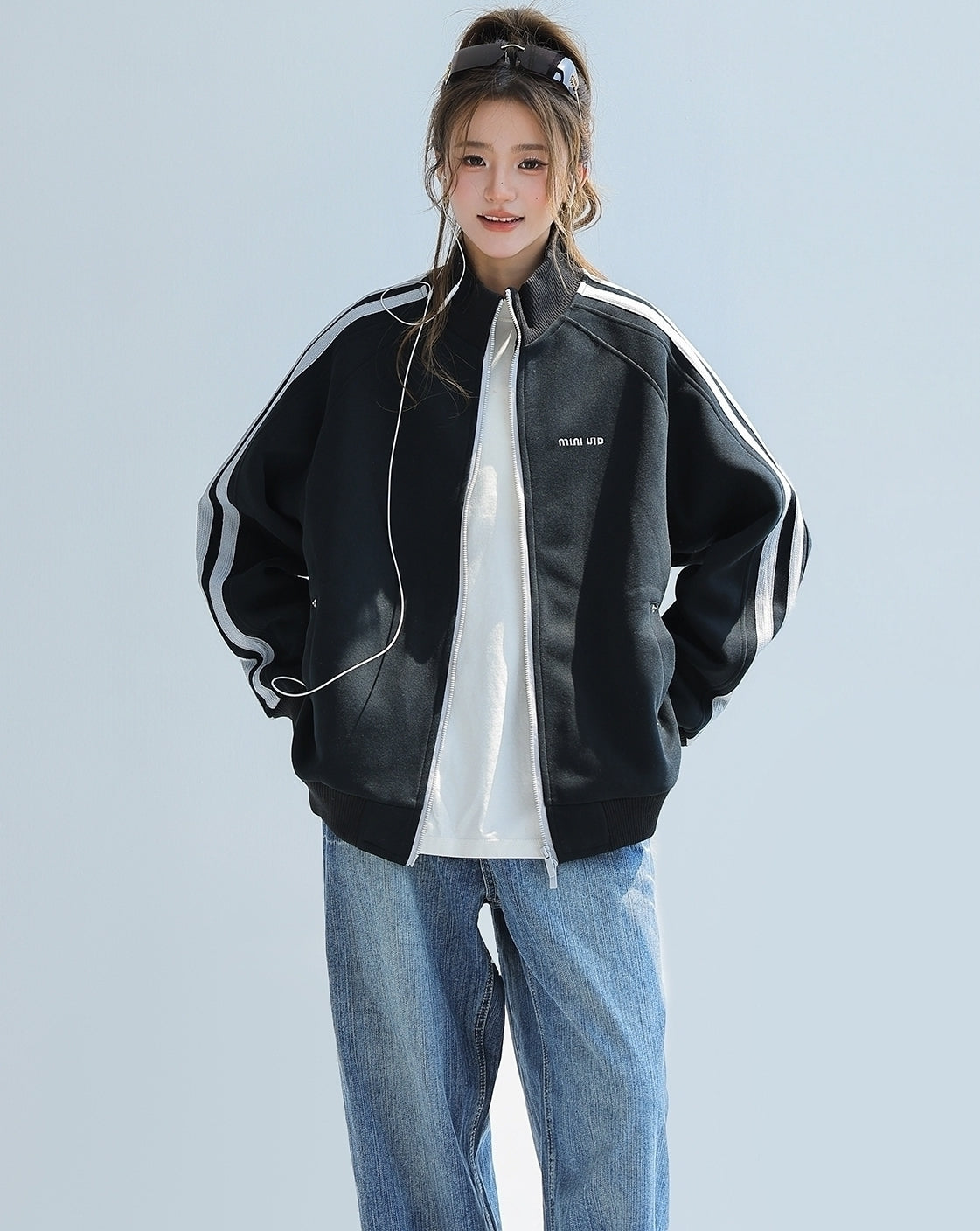 Red Stand Collar Striped Tape Zip Up Jacket