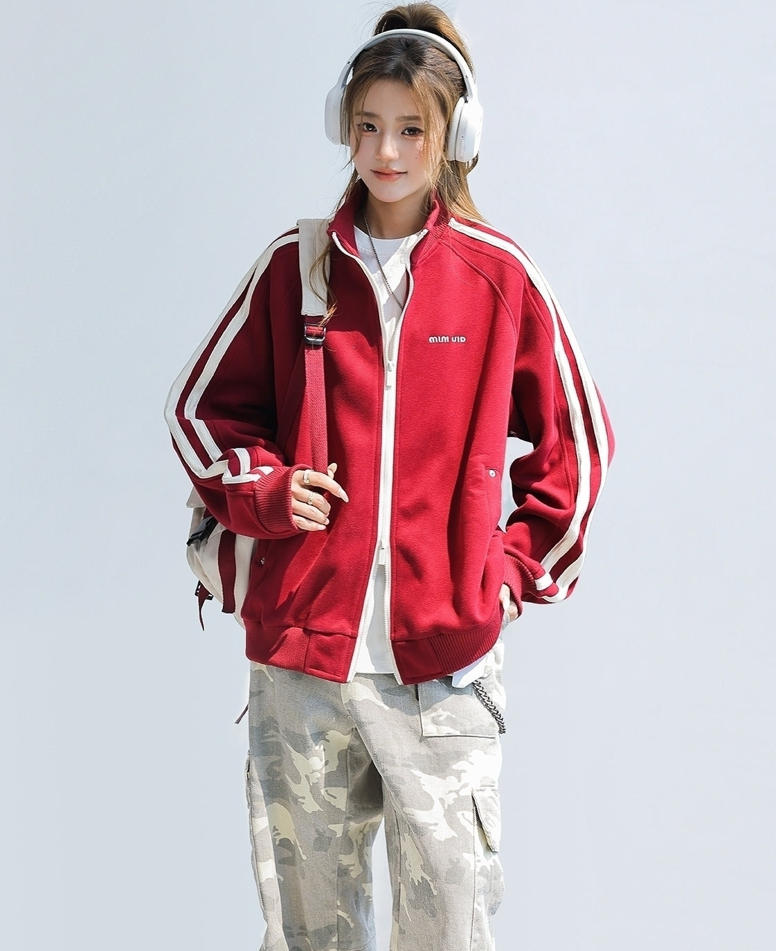 Red Stand Collar Striped Tape Zip Up Jacket