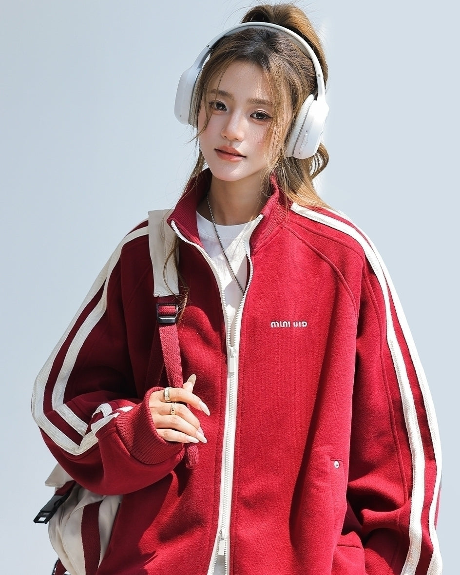 Red Stand Collar Striped Tape Zip Up Jacket