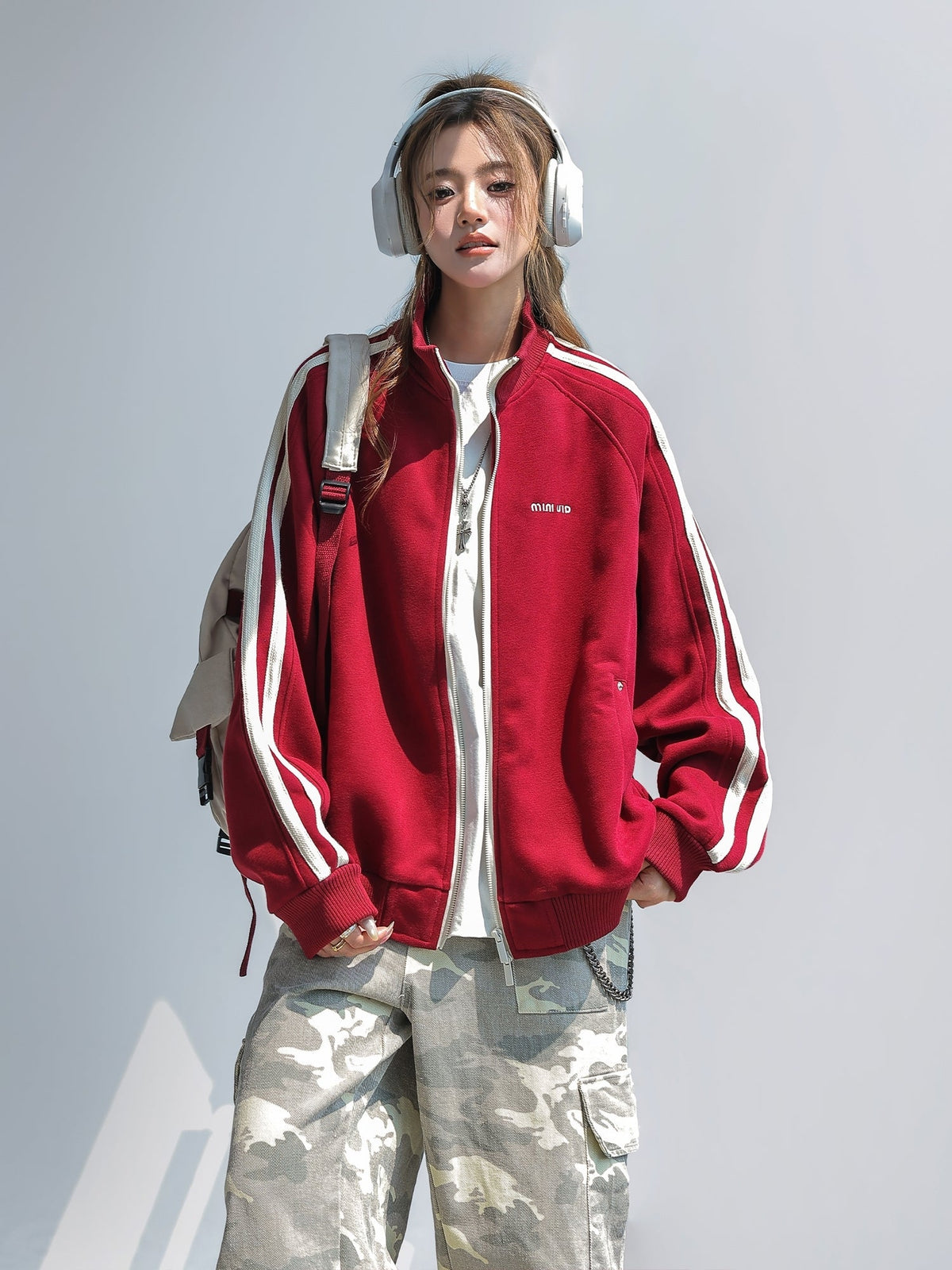 Red Stand Collar Striped Tape Zip Up Jacket