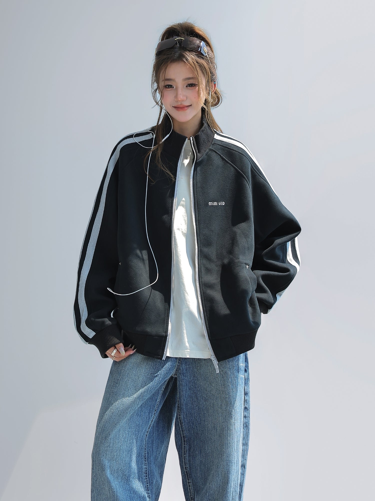 Red Stand Collar Striped Tape Zip Up Jacket