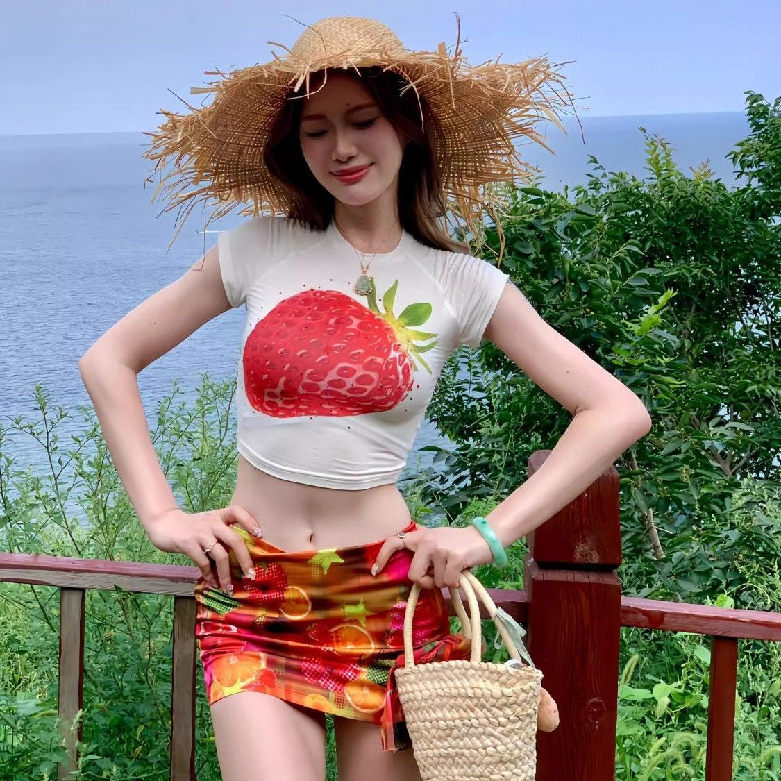 Red Tropical Print Mini Skirt