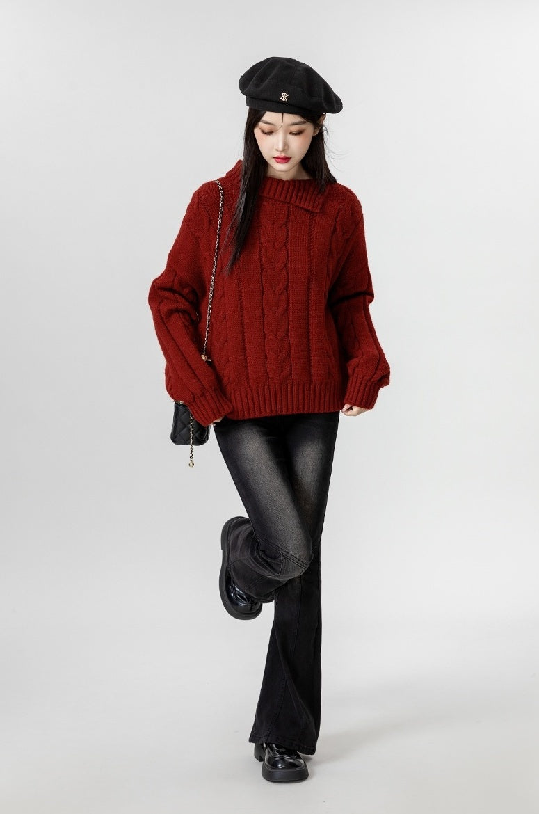 Red Turtleneck Chunky Knit Sweater