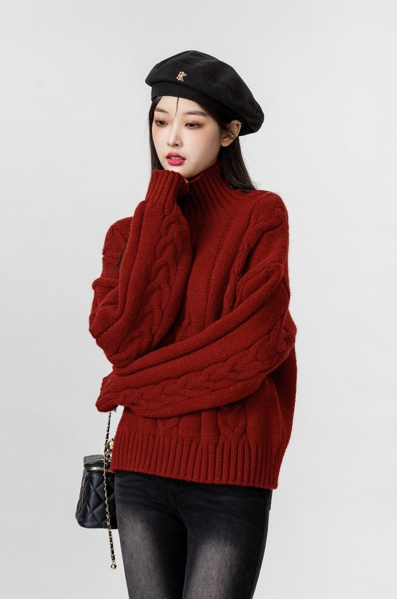 Red Turtleneck Chunky Knit Sweater