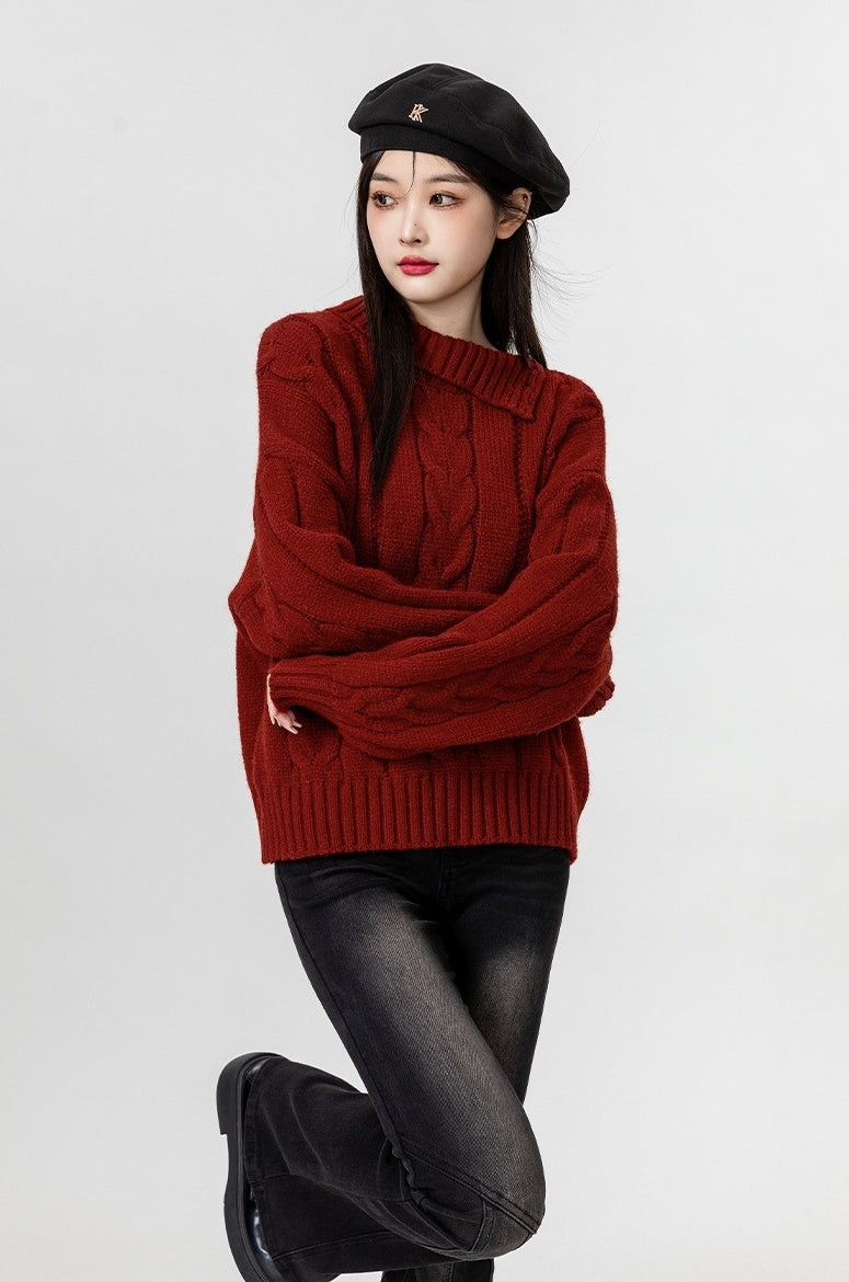 Red Turtleneck Chunky Knit Sweater