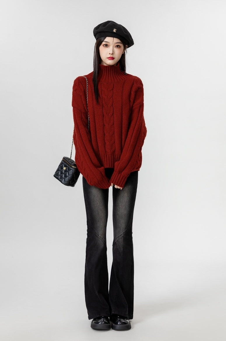 Red Turtleneck Chunky Knit Sweater