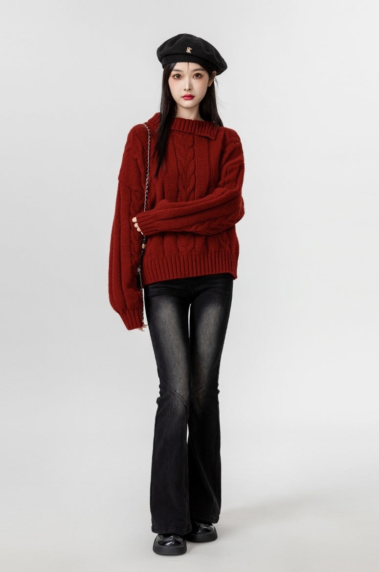 Red Turtleneck Chunky Knit Sweater