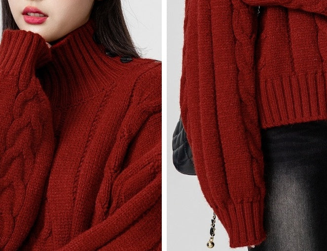 Red Turtleneck Chunky Knit Sweater