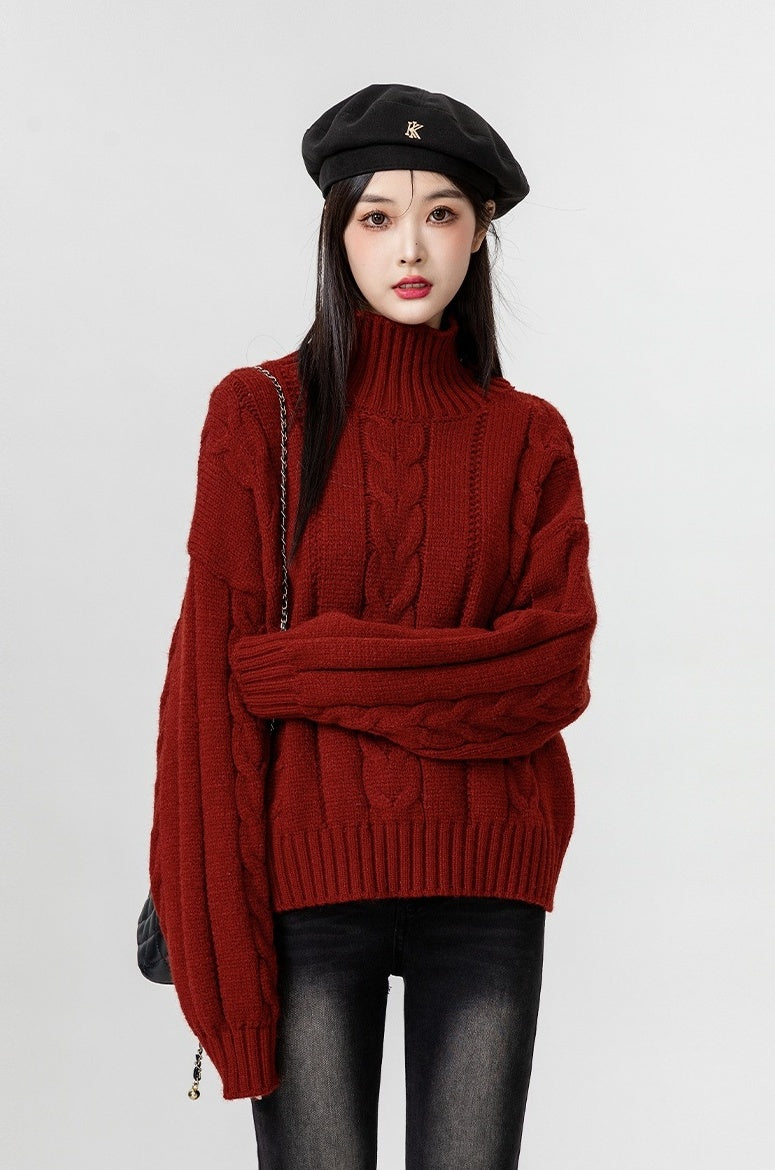Red Turtleneck Chunky Knit Sweater