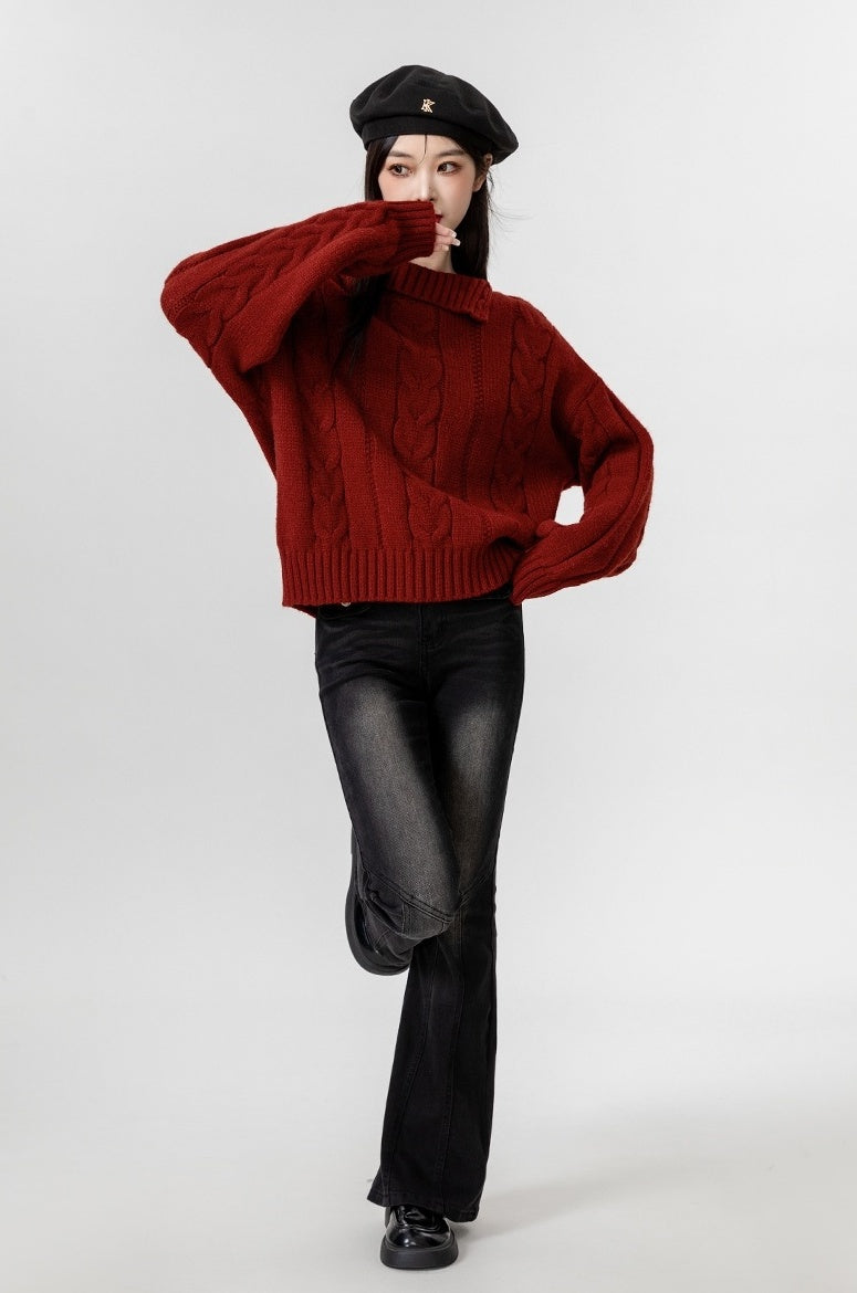 Red Turtleneck Chunky Knit Sweater