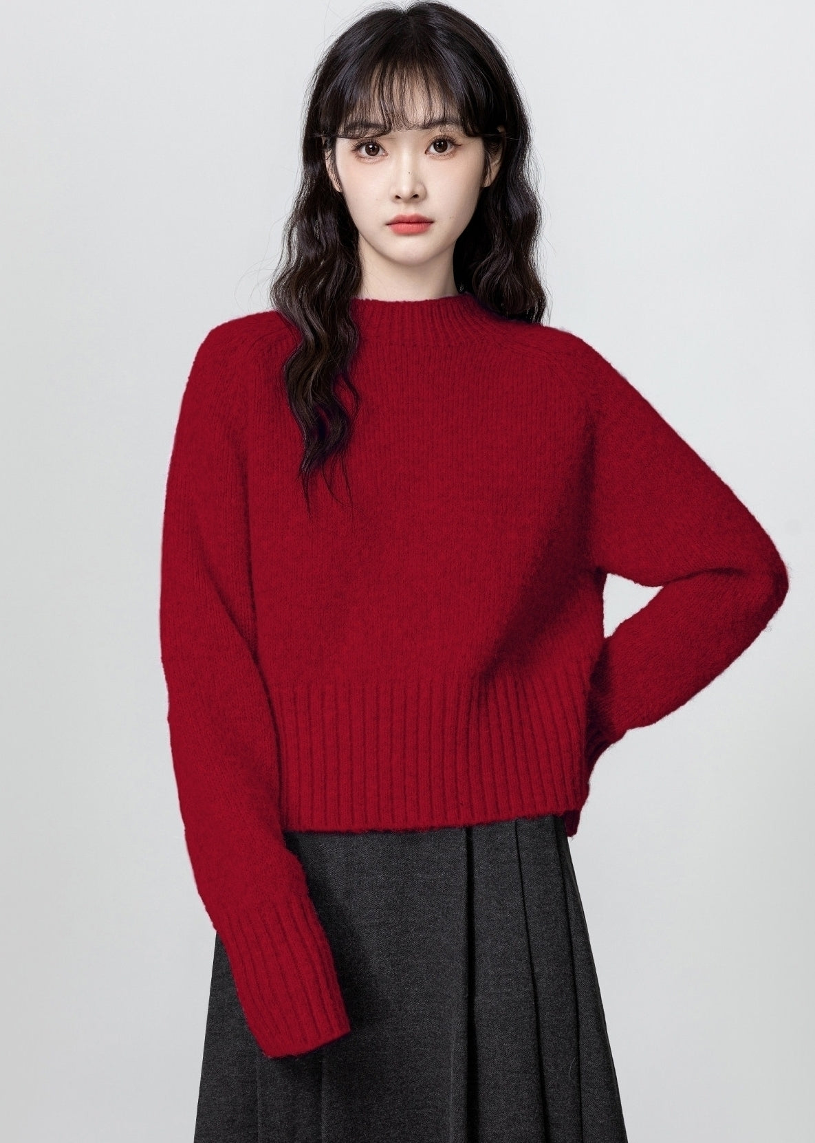 Red Turtleneck Knit Sweater Winter Short Pullover