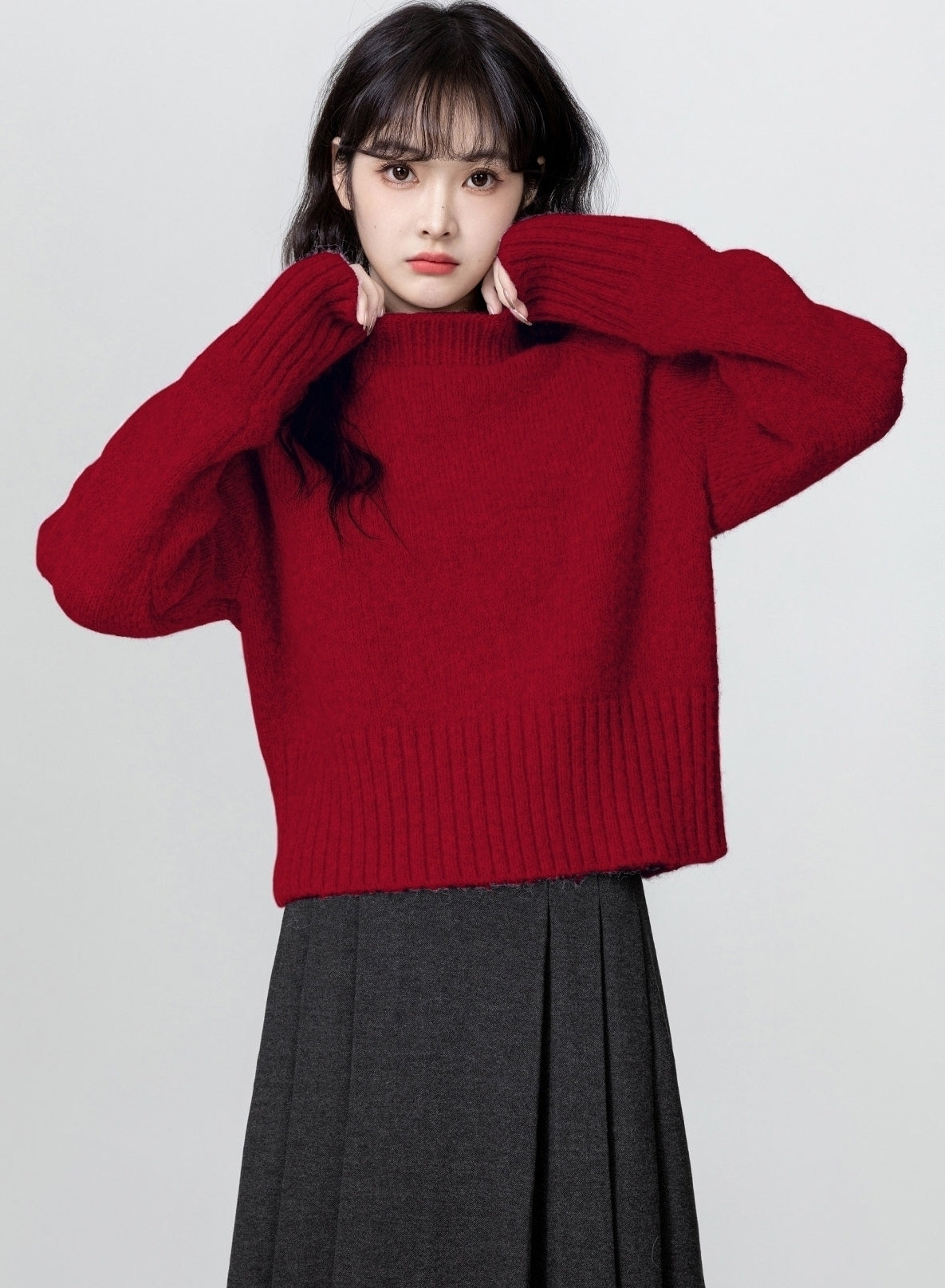 Red Turtleneck Knit Sweater Winter Short Pullover