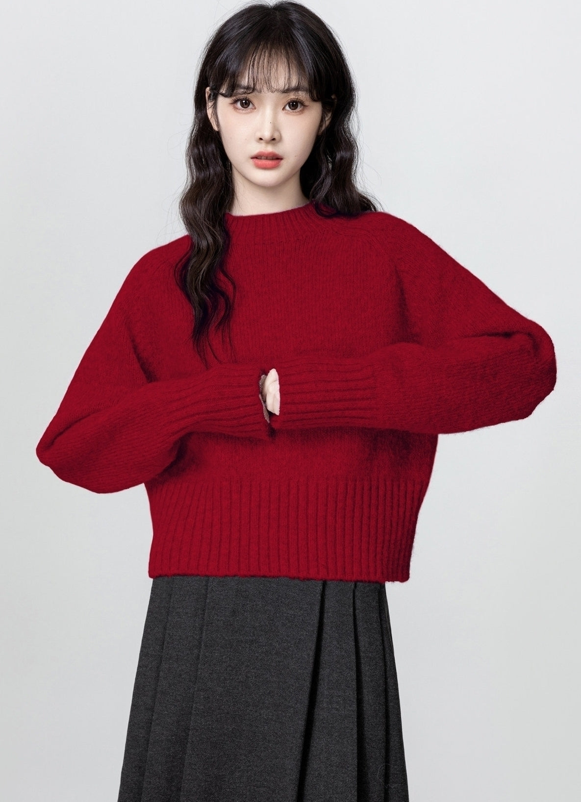 Red Turtleneck Knit Sweater Winter Short Pullover
