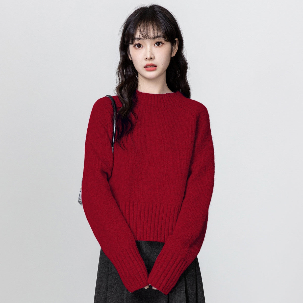 Red Turtleneck Knit Sweater Winter Short Pullover