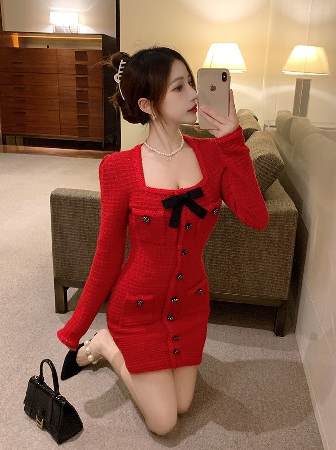 Red Tweed Long Sleeve Dress