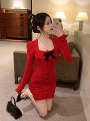 Red Tweed Long Sleeve Dress