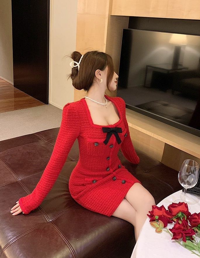 Red Tweed Long Sleeve Dress