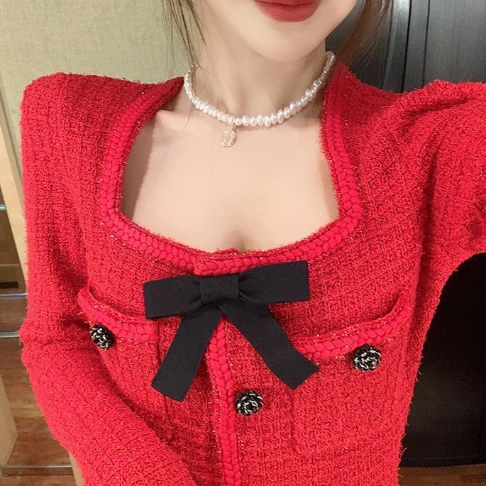 Red Tweed Long Sleeve Dress