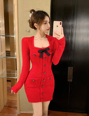 Red Tweed Long Sleeve Dress