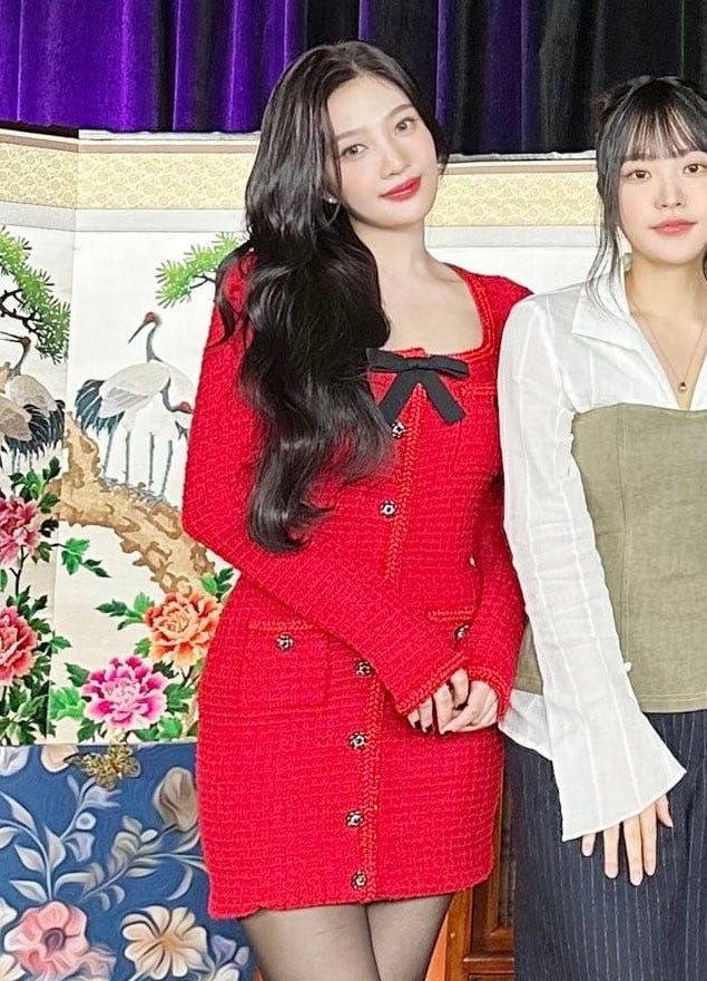 Red Tweed Long Sleeve Dress