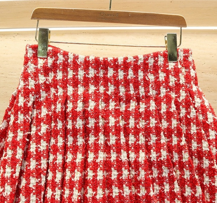Red Tweed Pleated Skirt