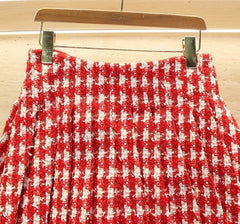 Red Tweed Pleated Skirt