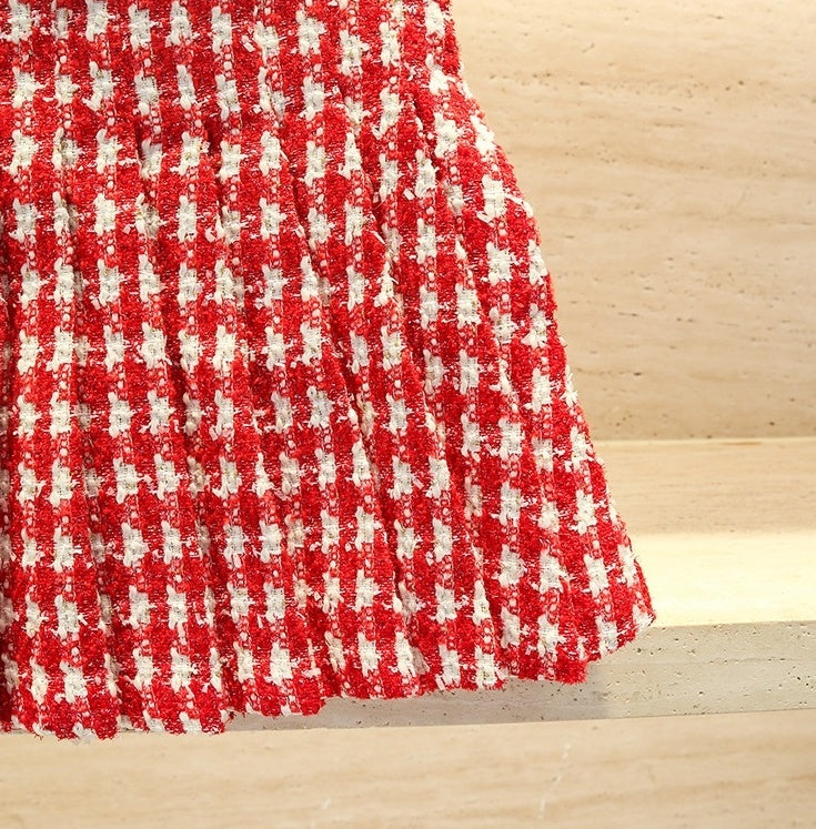 Red Tweed Pleated Skirt