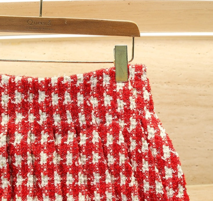 Red Tweed Pleated Skirt