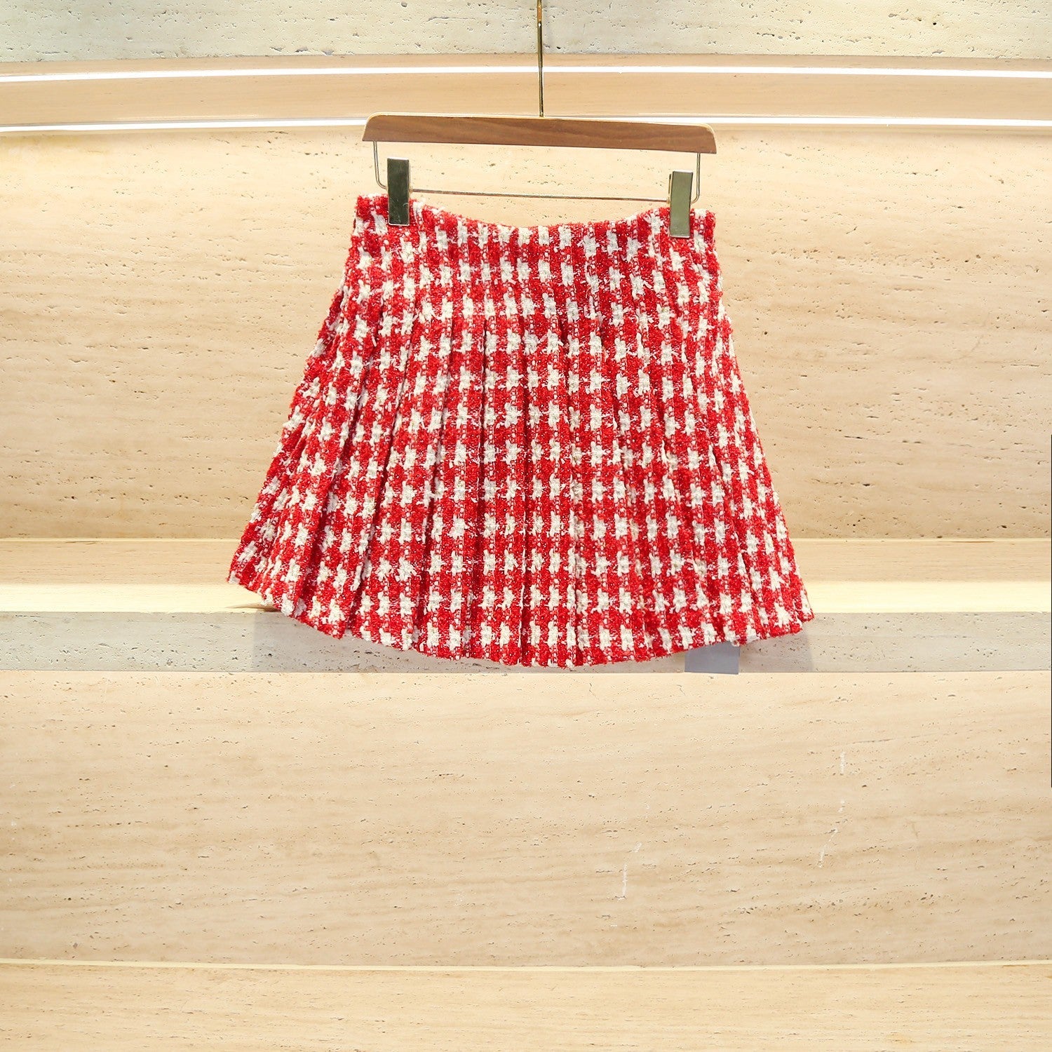 Red Tweed Pleated Skirt