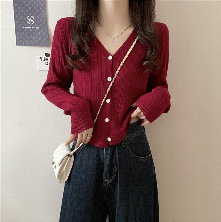 Red V-Neck Textured Cardigan