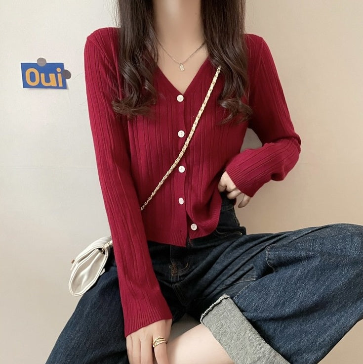 Red V-Neck Textured Cardigan