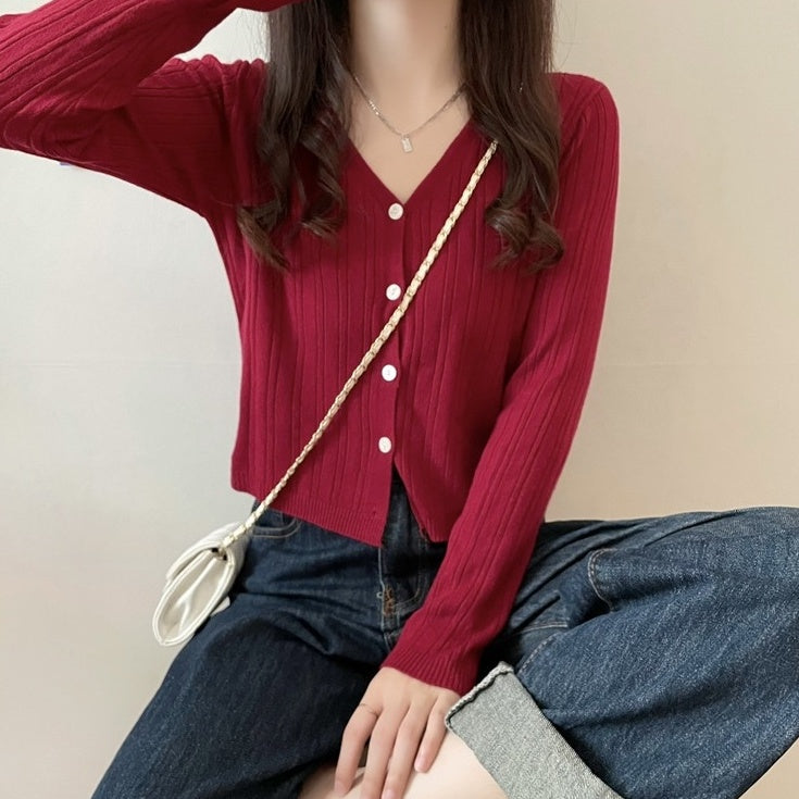 Red V-Neck Textured Cardigan