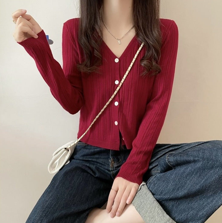 Red V-Neck Textured Cardigan