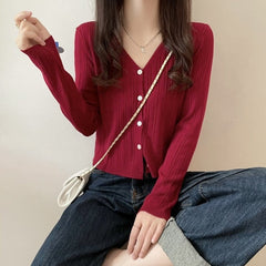 Red V-Neck Textured Cardigan