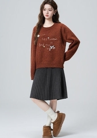Red Vintage Loose Knit Pullover Sweater Short Style