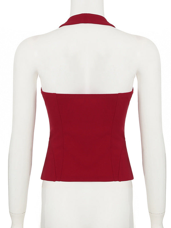 Red Zip-Up Corset Halter Top