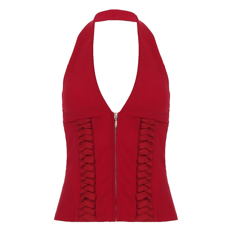 Red Zip-Up Corset Halter Top