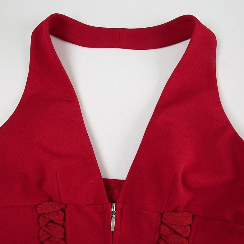 Red Zip-Up Corset Halter Top