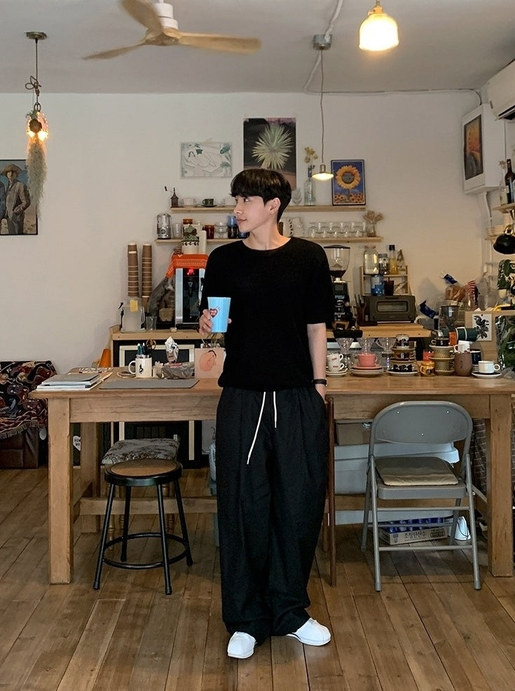 Relaxed Fit Drawstring Wide Leg Pants