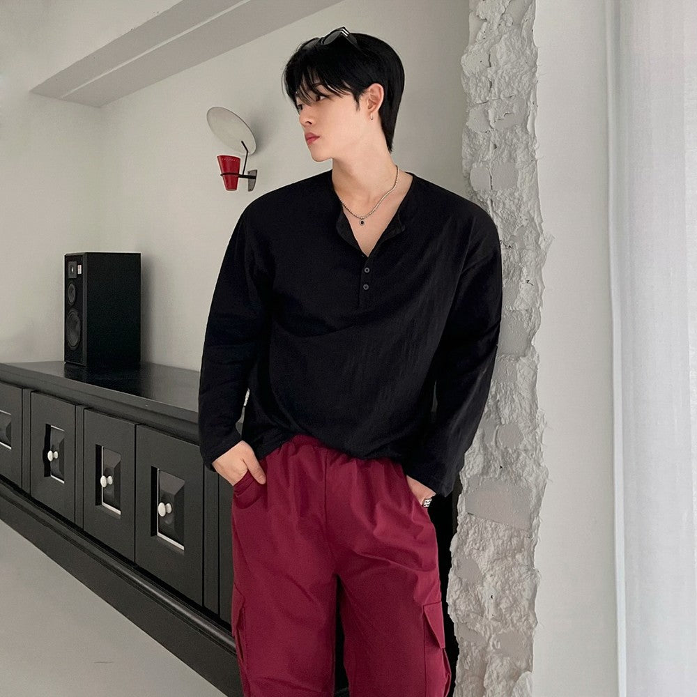 Relaxed Fit Henley Long Sleeve Tee