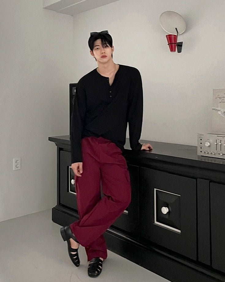 Relaxed Fit Henley Long Sleeve Tee