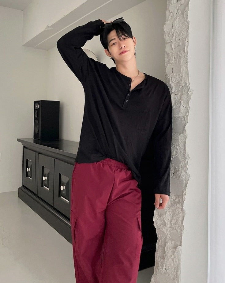 Relaxed Fit Henley Long Sleeve Tee