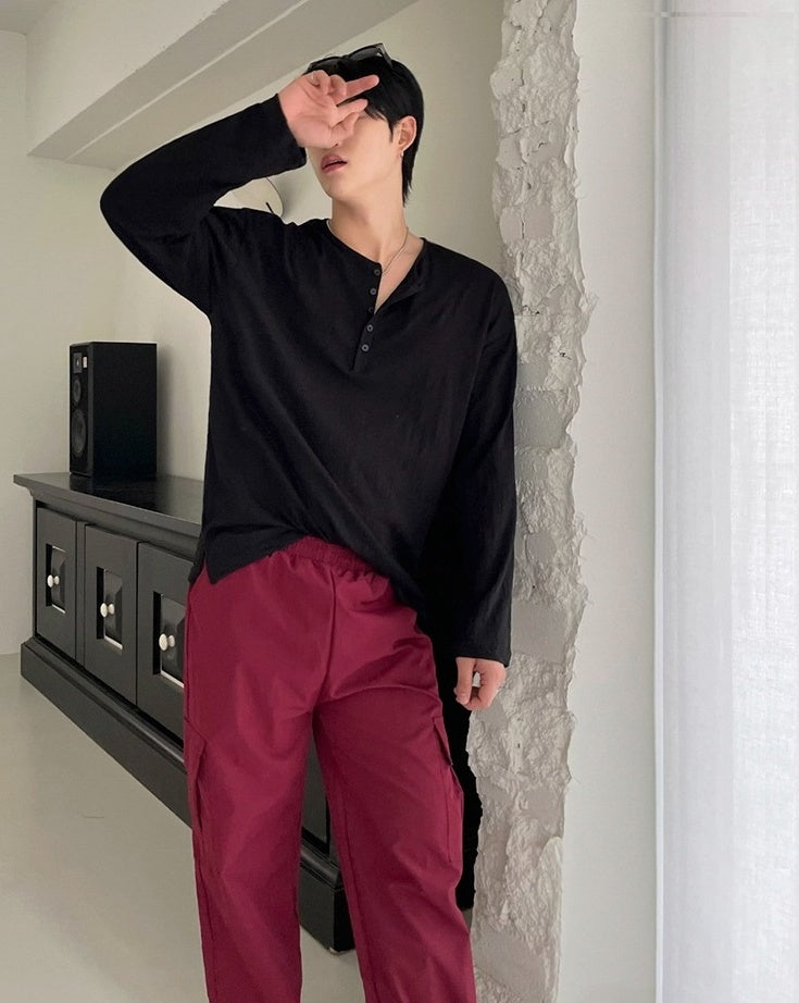 Relaxed Fit Henley Long Sleeve Tee