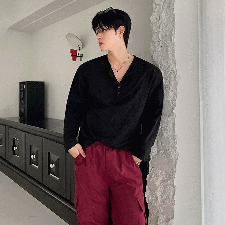 Relaxed Fit Henley Long Sleeve Tee
