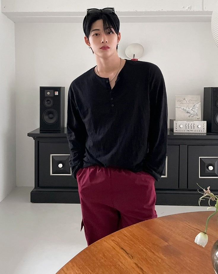 Relaxed Fit Henley Long Sleeve Tee