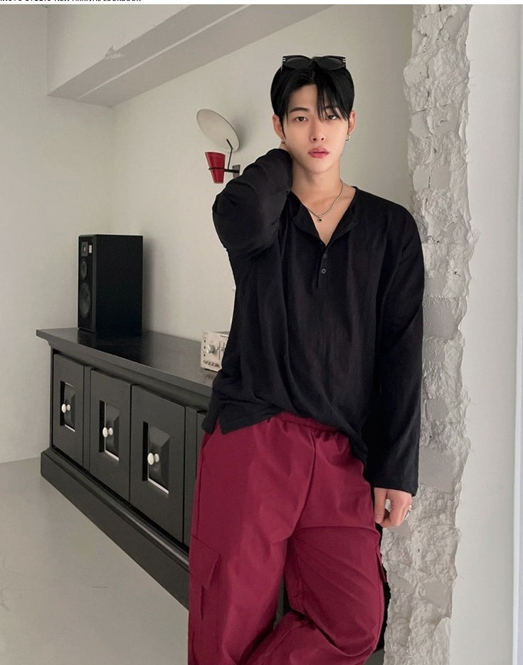 Relaxed Fit Henley Long Sleeve Tee