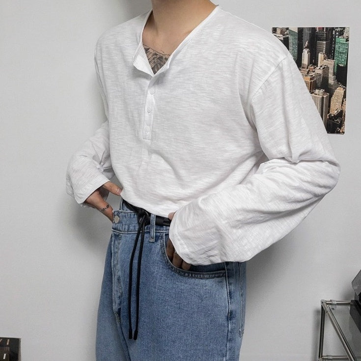 Relaxed Fit Henley Long Sleeve Tee