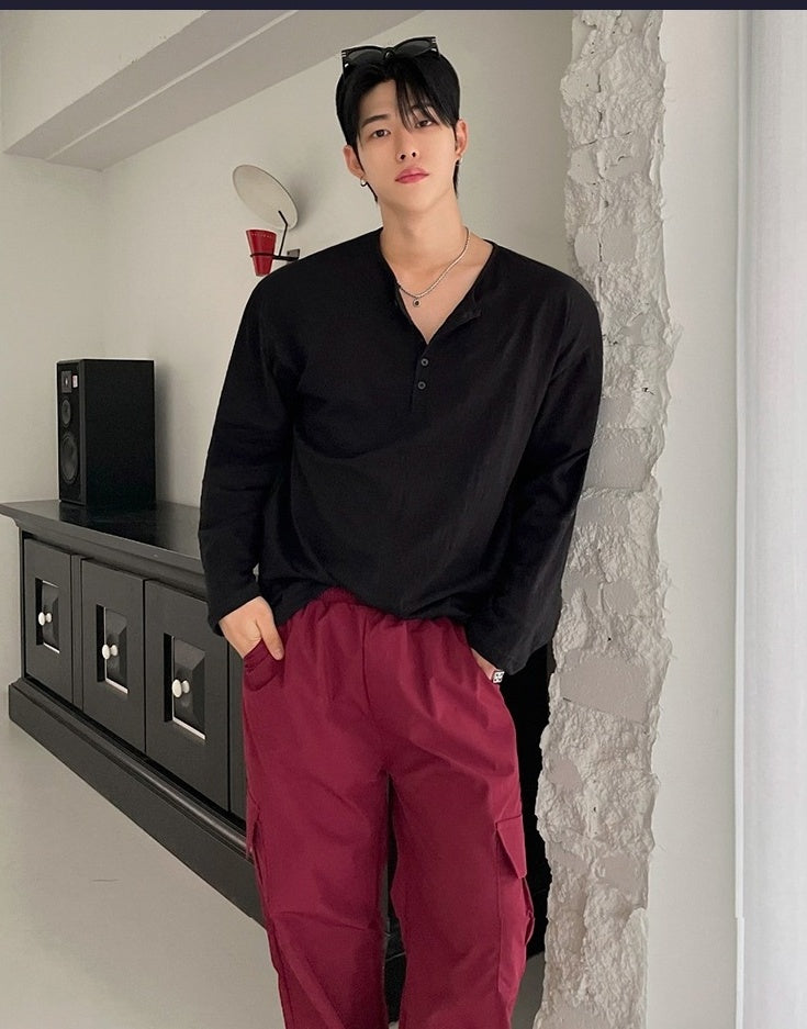 Relaxed Fit Henley Long Sleeve Tee